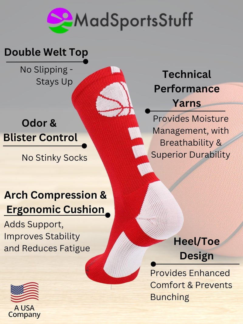 MadSportsStuff Basketball Socks with Basketball Logo Crew Socks (Scarlet/White, X-Large) - Image 4